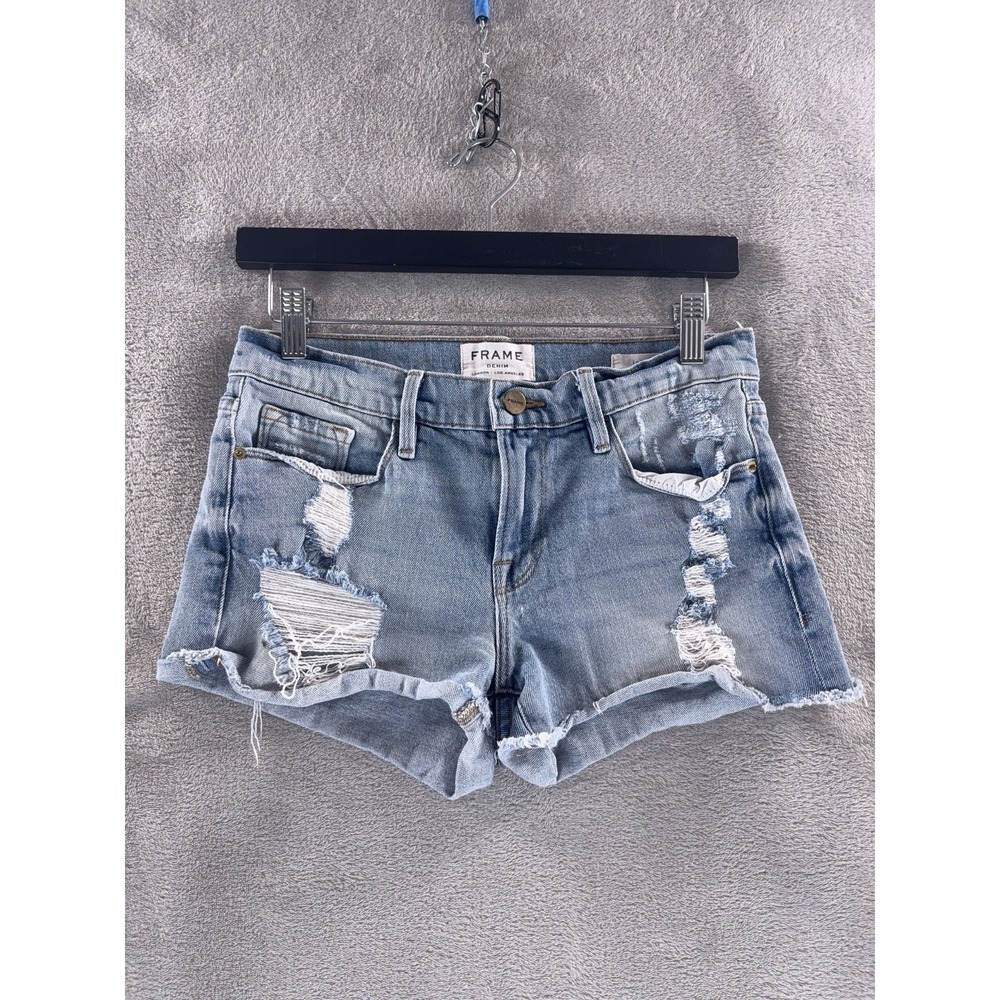 FRAME Le Cutoff Shorts Womens Size 25 Blue Wash Distressed Denim Raw Hem